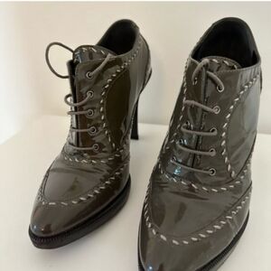 Women's 7 (37) Italian BOTTEGA VENETA Patent Leather Green White Lace-Up Heels 4